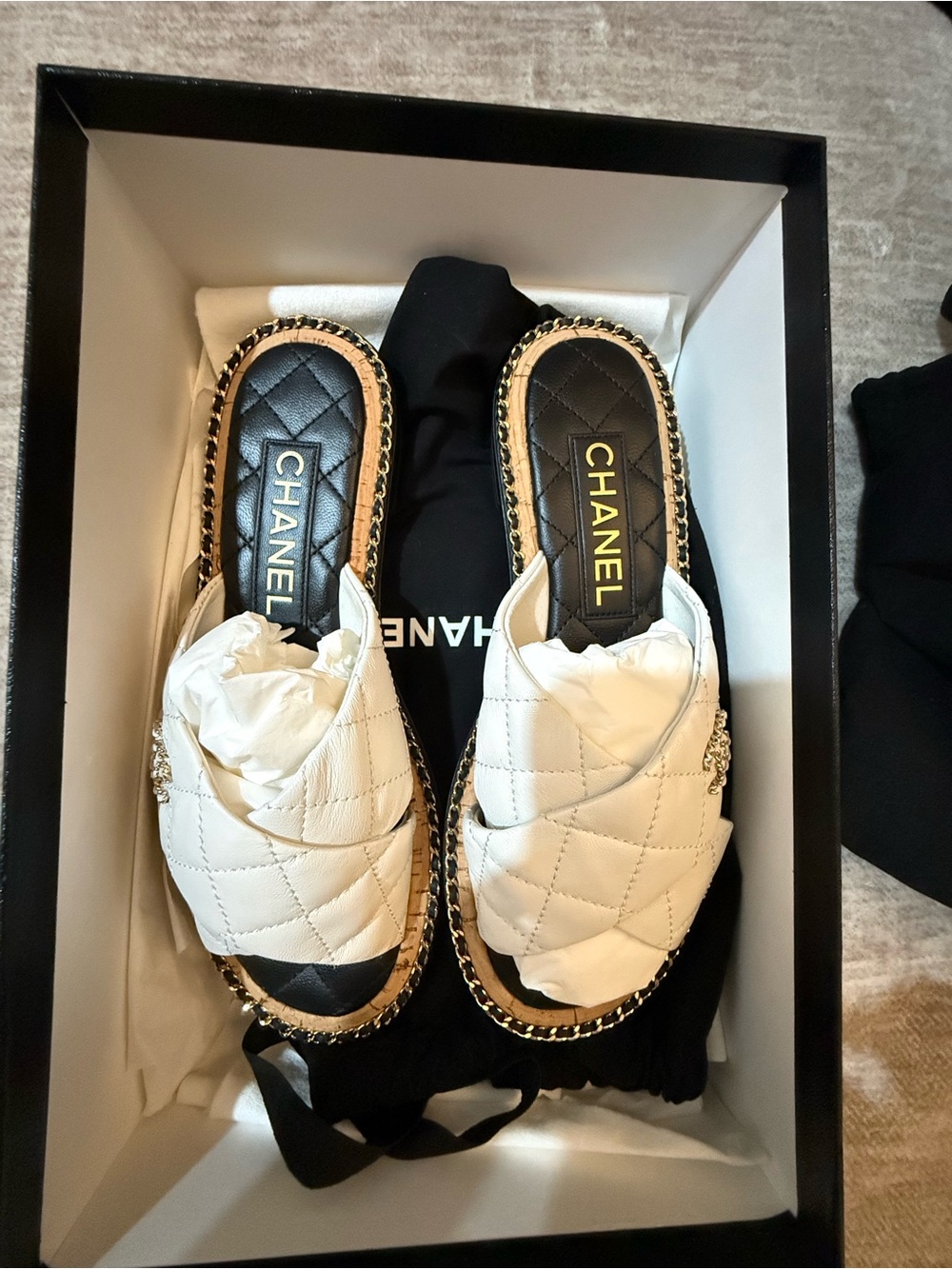 CHANEL White Quilted Lambskin Chain Mules Slides CC Logo